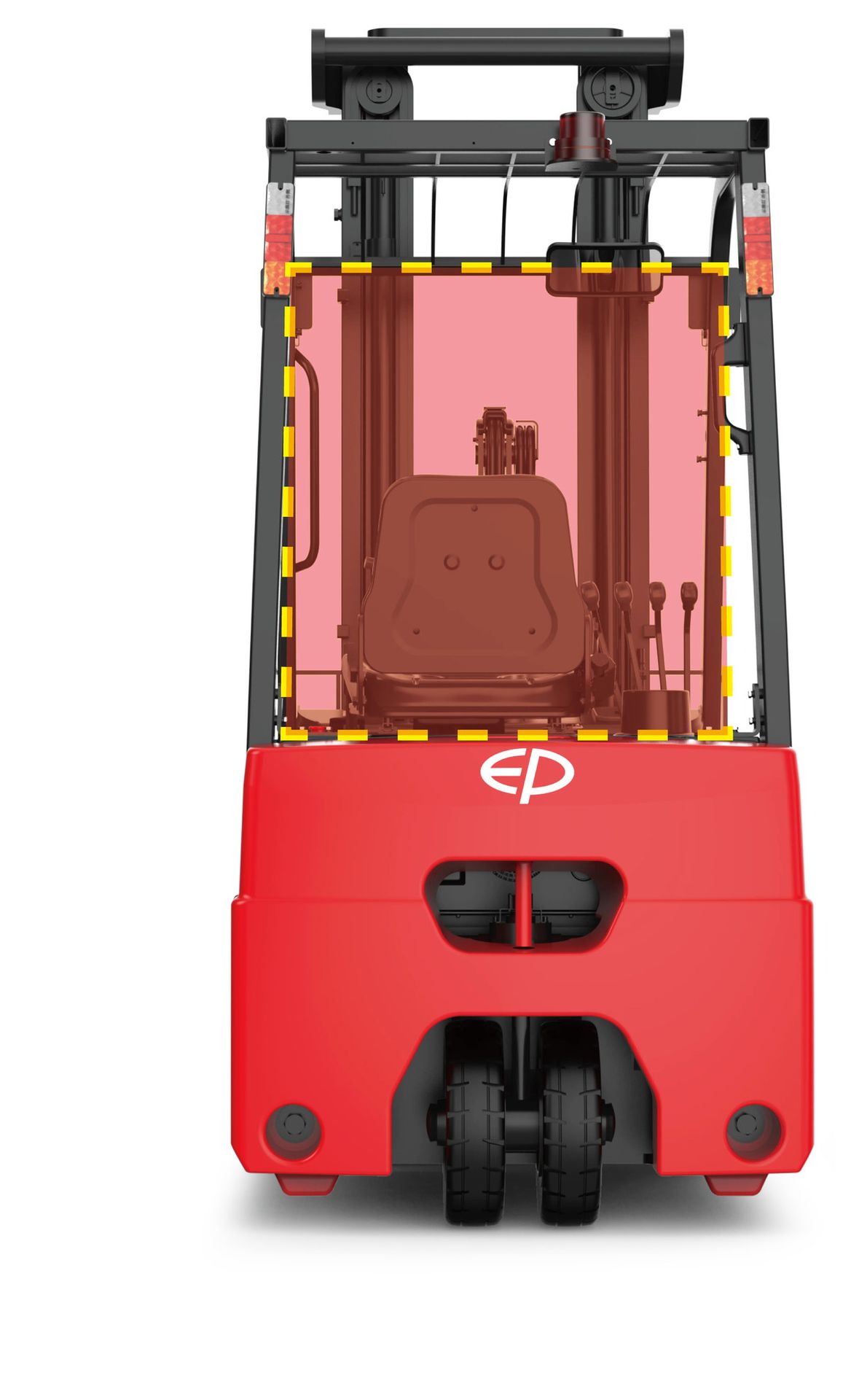 Chariot élévateur EP TVL181 vu de l'arrière, champ de visibilité à travers le poste de conduite