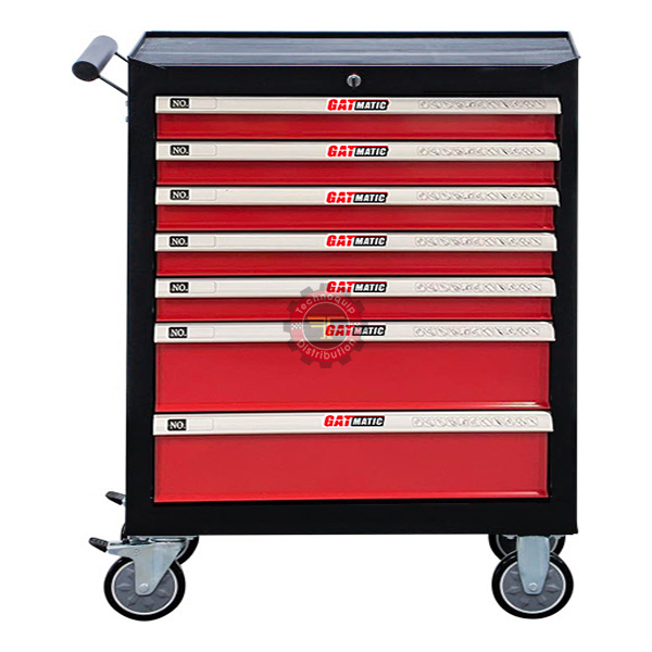 Servante à outils GATMATIC GTT232 fermée, caisson noir à sept tiroirs rouges sur quatre roulettes