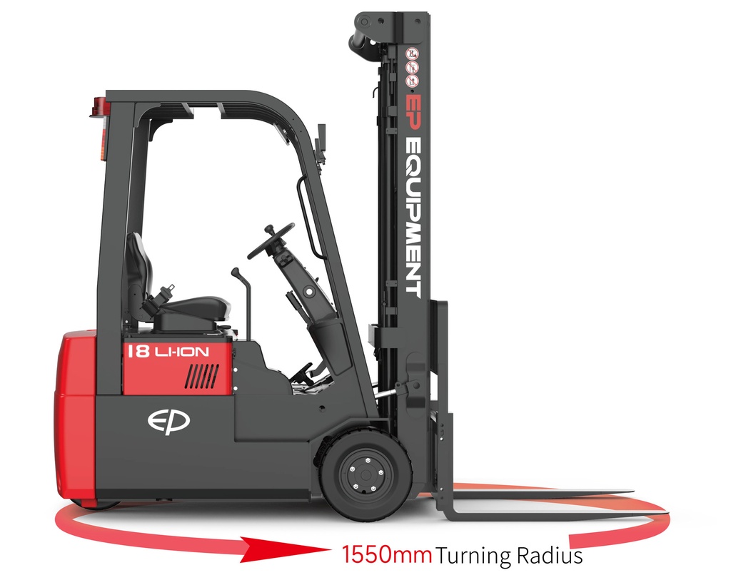 Chariot élévateur EP TVL181 vu de profil, rayon de braquage de 1 550 mm