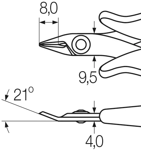 Dessin coté de la tête de la pince Wiha 27388 : largeur 8,0 mm, hauteur 9,5 mm, épaisseur 4,0 mm, angle de tête 21°