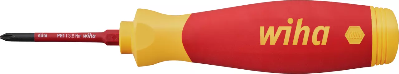 Tournevis isolé Wiha 45296 PocketMax electric fermé, slimBit Phillips PH1 en place et magasin refermé dans le manche rouge et jaune