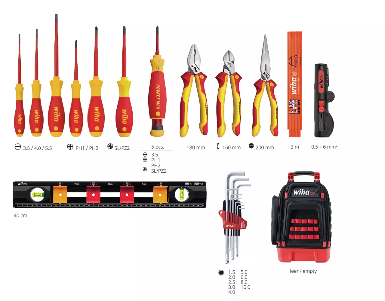 Contenu des 27 pièces du sac à dos Wiha 45528 déployé : 6 tournevis electric, porte-embouts PocketMax, 3 pinces industrial electric, jeu de clés mâles ProStar, mètre pliant 2 m, niveau 40 cm et outil à dénuder