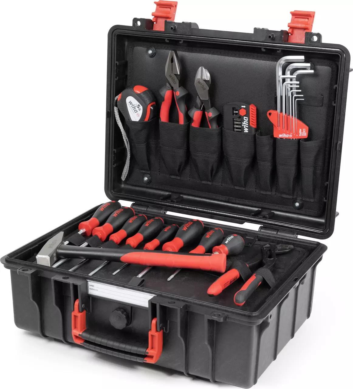 Caisse à outils Wiha 45531 fermée et son garnissage complet, coffret polypropylène noir à poignée bicomposant
