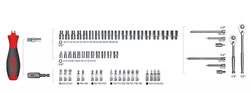 Plan de garnissage du coffret Wiha 44685 : douilles 1/4" et 1/2", cliquets, rallonges, cardans et embouts