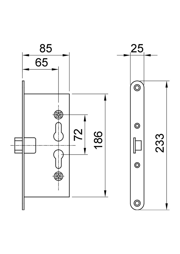 Dessin technique coté ANTIPANIC 121, axe 65 mm et entraxe 72 mm