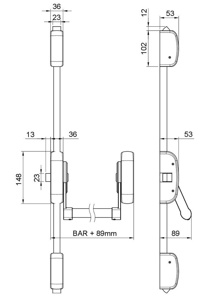 Schema cote ANTIPANIC 403T : encombrement, pene lateral et entraxes