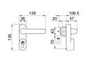 Schema cote ANTIPANIC 1090 : plaque 136 x 36 mm, carre 8 mm et entraxe