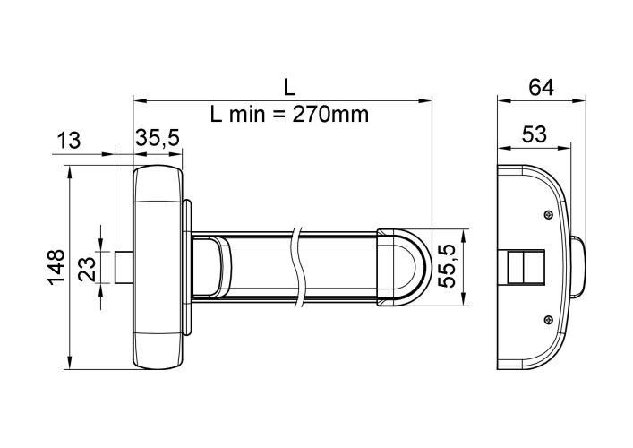 Schema cote ANTIPANIC 601 : encombrement du boitier push, longueurs de barre et entraxes