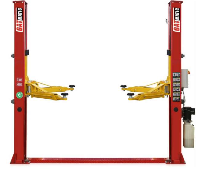 Pont élévateur GATMATIC LT240BAZ à deux colonnes rouges, bras jaunes et coffret de commande