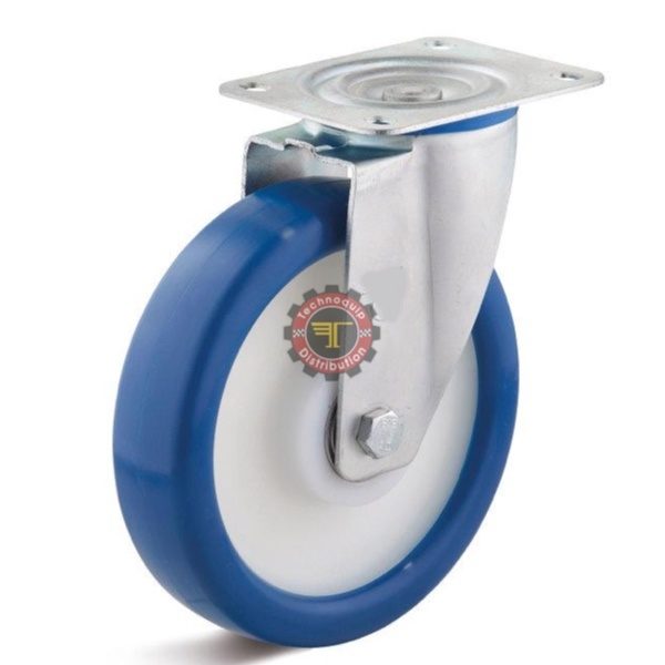 Roue pivotante en polyuréthane Bleu moyeu lisse DN 50 mm roulement manutention tunisie technoquip roulant pivotant pivotante quincaillerie technoquip